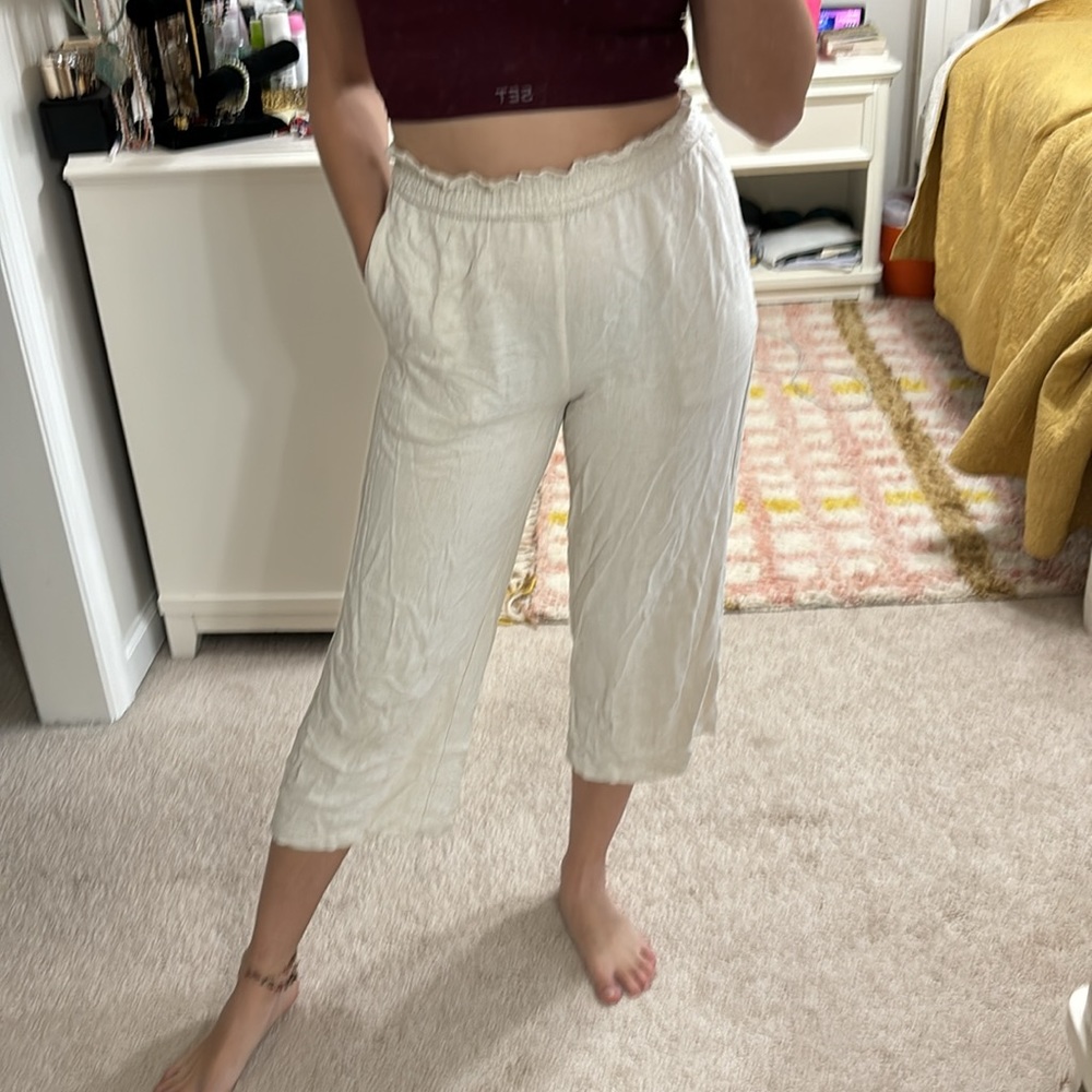 Princess Polly Pants 6 Cropped Linen Beige Stretchy Waistband Wide Leg A…
